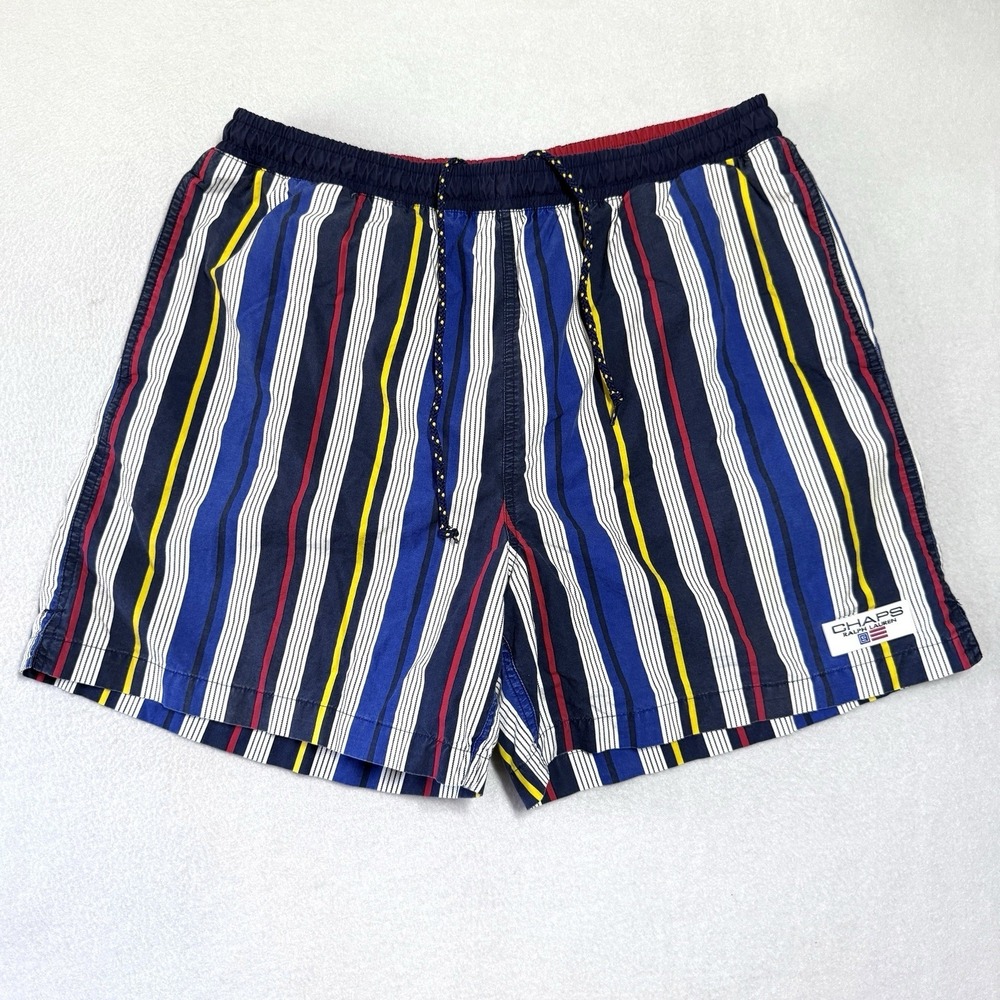 Vintage Chaps Ralph Lauren Swim Trunks Men XL Bold Stripe Board Shorts Flag Logo